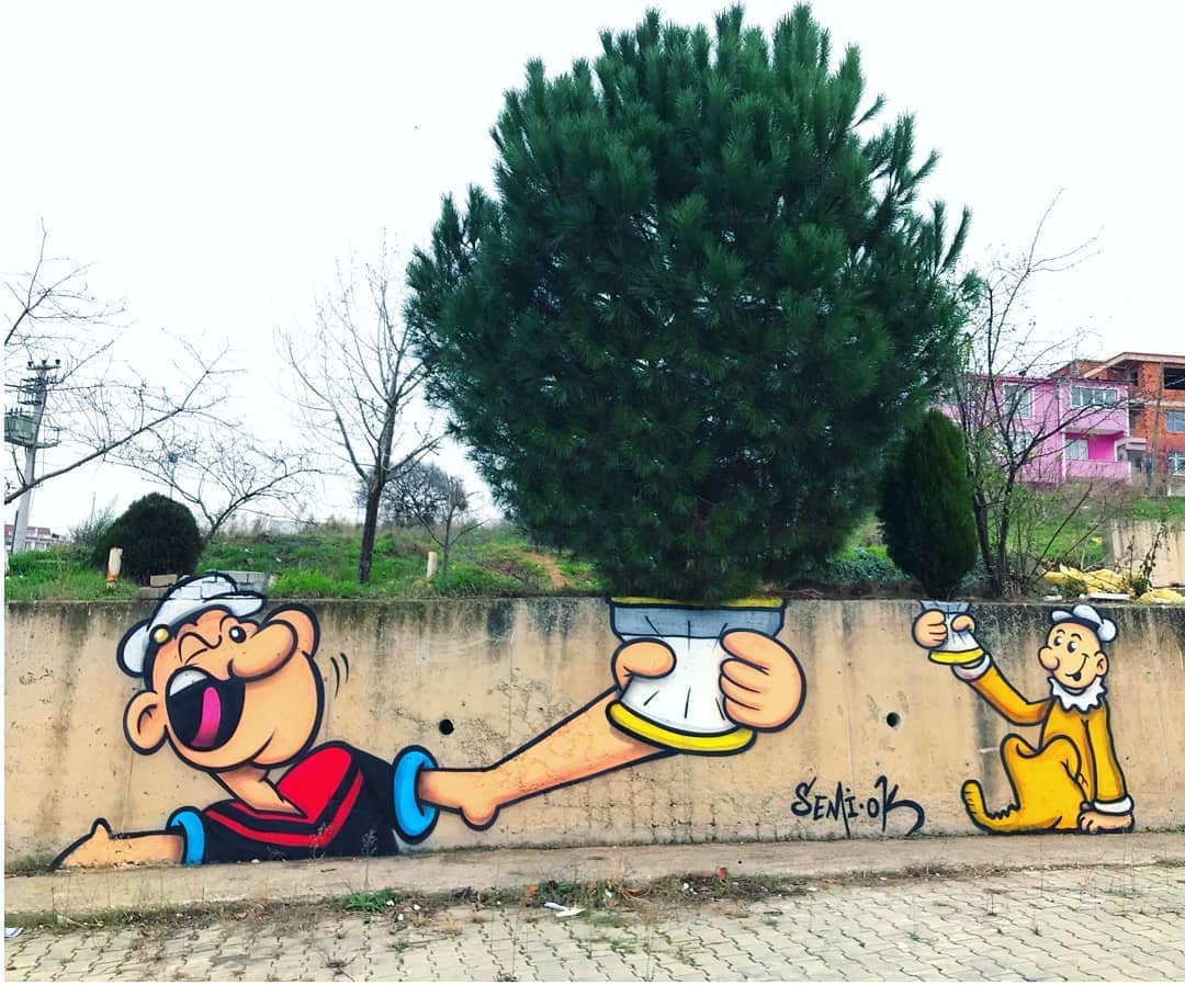 popeye street art avec arbre
