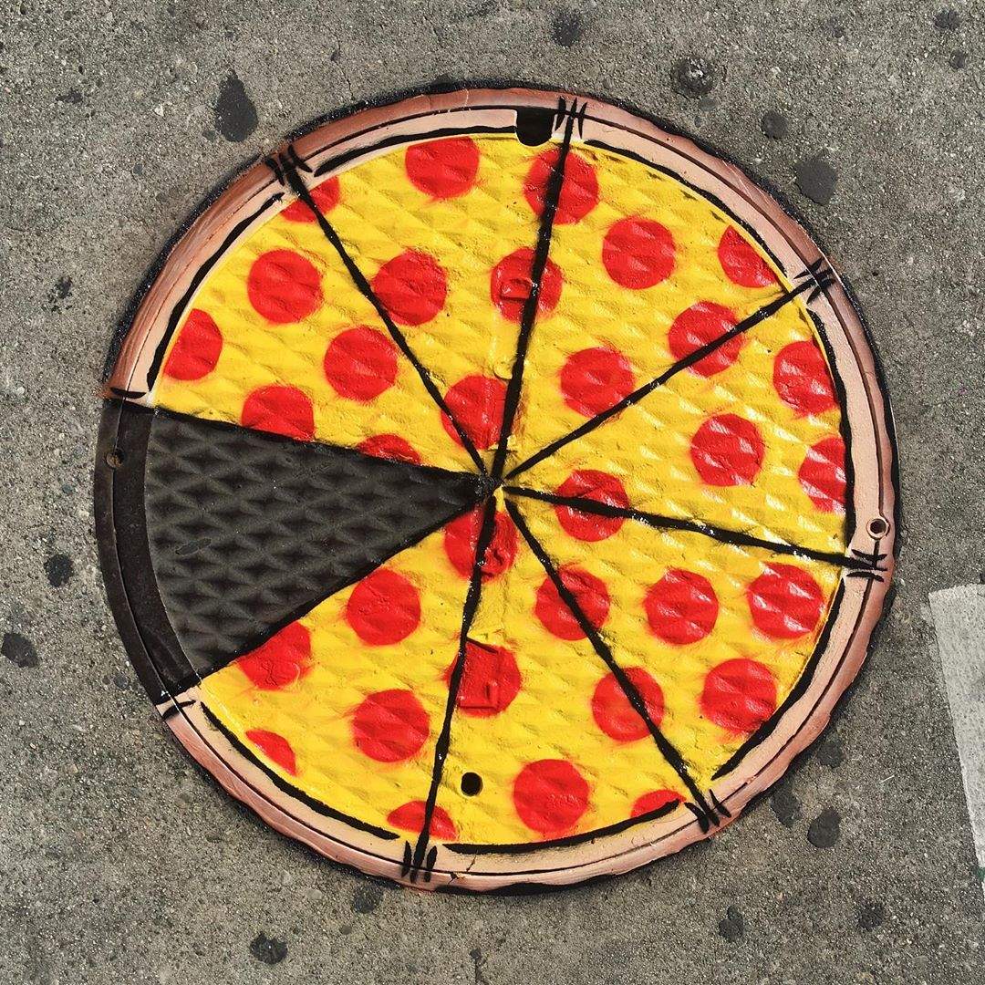 pizza street art plaque d'égout efix